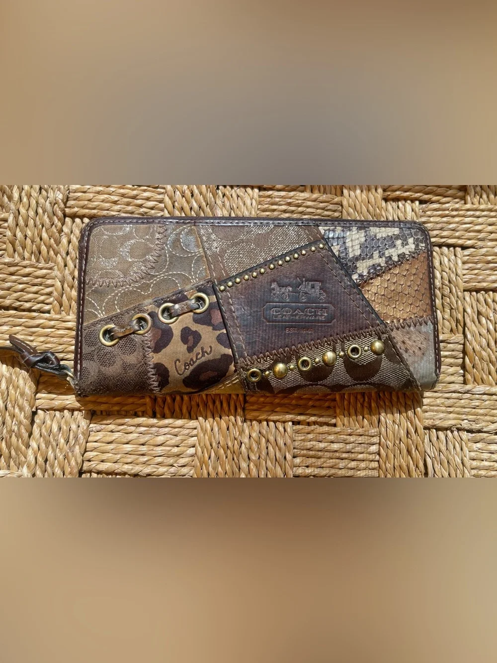 Vintage Y2K Coach Patchwork Wallet with Brass Hardwear